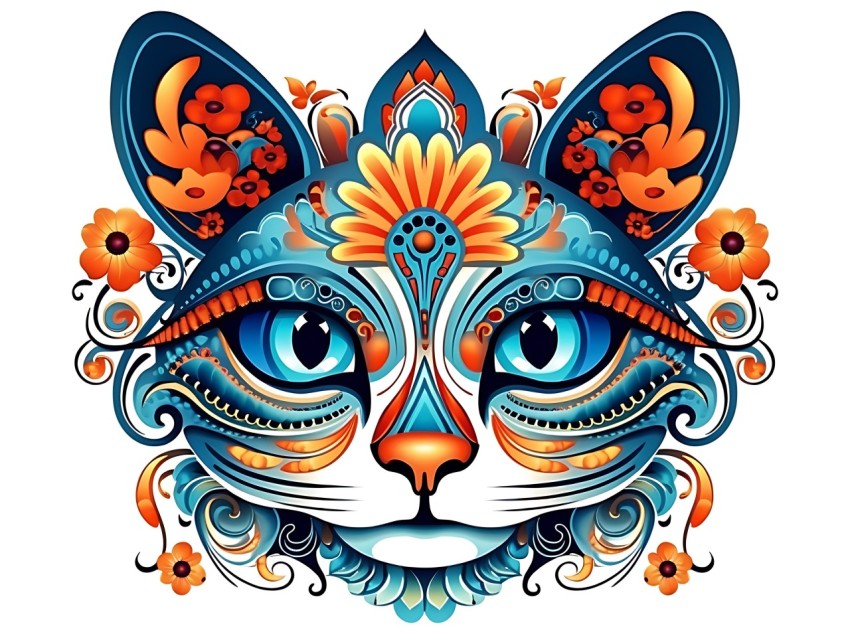 Colorful Abstract Cat Face Head Vivid Colors Pop Art Vector Illustrations White Background (237)