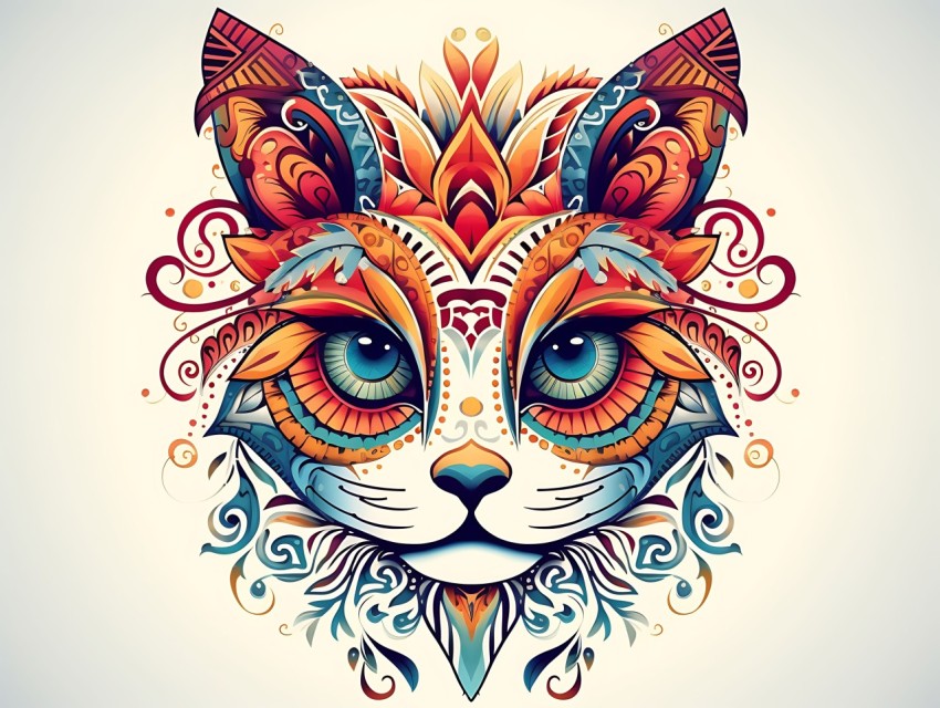 Colorful Abstract Cat Face Head Vivid Colors Pop Art Vector Illustrations White Background (234)