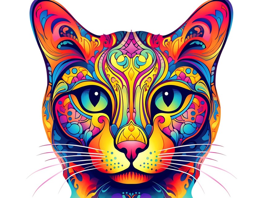 Colorful Abstract Cat Face Head Vivid Colors Pop Art Vector Illustrations White Background (240)