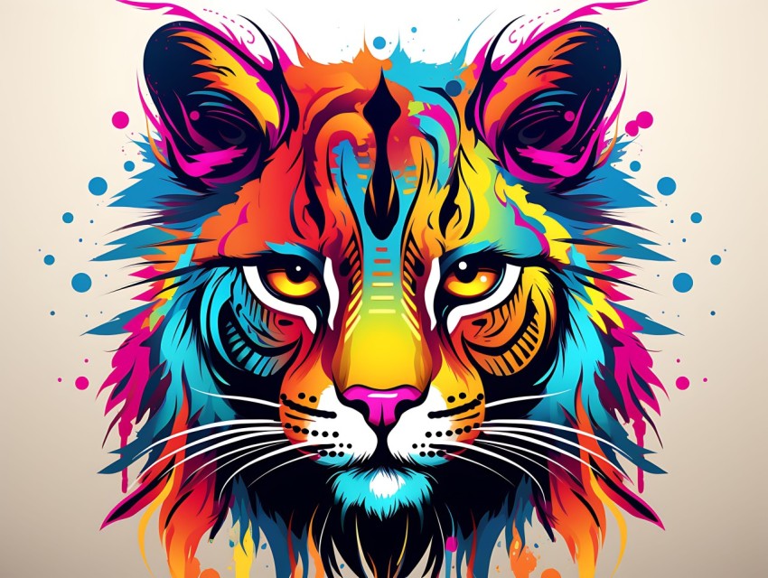 Colorful Abstract Cat Face Head Vivid Colors Pop Art Vector Illustrations White Background (207)