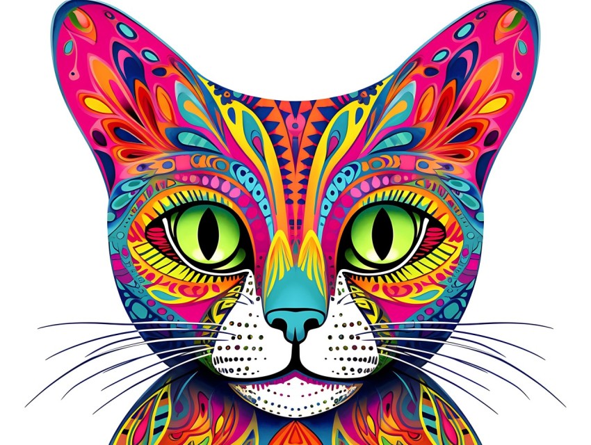 Colorful Abstract Cat Face Head Vivid Colors Pop Art Vector Illustrations White Background (232)