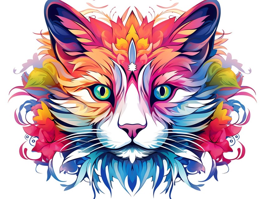 Colorful Abstract Cat Face Head Vivid Colors Pop Art Vector Illustrations White Background (202)