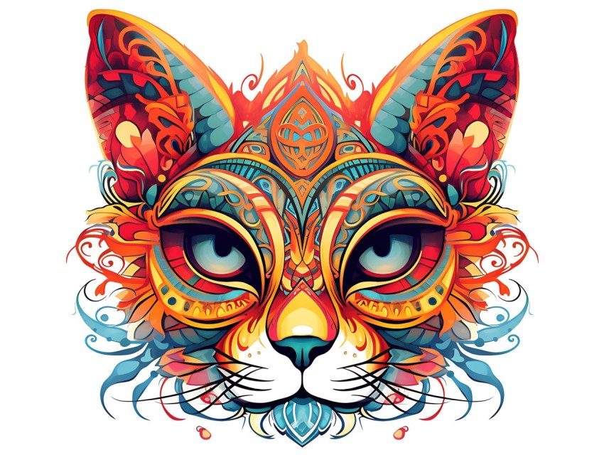 Colorful Abstract Cat Face Head Vivid Colors Pop Art Vector Illustrations White Background (244)