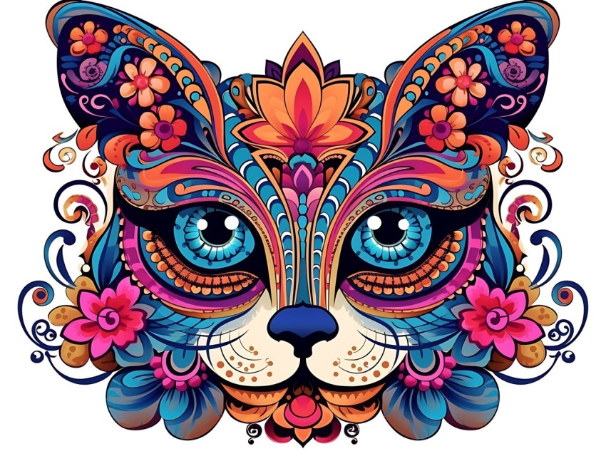 Colorful Abstract Cat Face Head Vivid Colors Pop Art Vector Illustrations White Background (206)