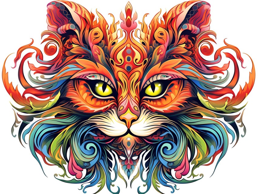 Colorful Abstract Cat Face Head Vivid Colors Pop Art Vector Illustrations White Background (201)