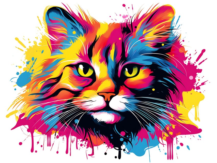 Colorful Abstract Cat Face Head Vivid Colors Pop Art Vector Illustrations White Background (219)