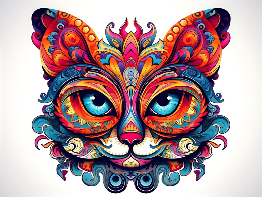 Colorful Abstract Cat Face Head Vivid Colors Pop Art Vector Illustrations White Background (215)