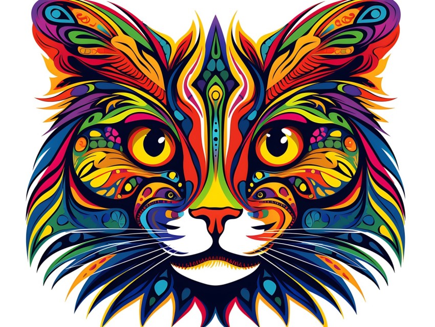 Colorful Abstract Cat Face Head Vivid Colors Pop Art Vector Illustrations White Background (245)