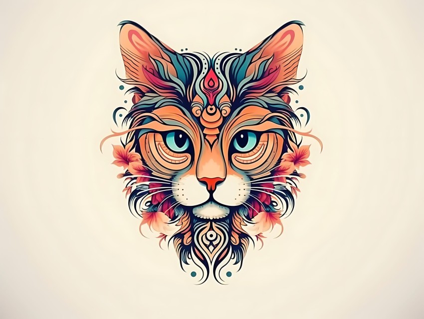 Colorful Abstract Cat Face Head Vivid Colors Pop Art Vector Illustrations White Background (266)