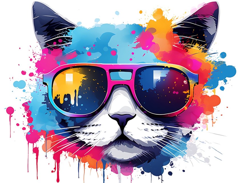 Colorful Abstract Cat Face Head Vivid Colors Pop Art Vector Illustrations White Background (273)