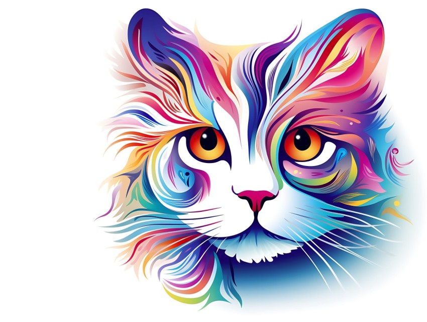 Colorful Abstract Cat Face Head Vivid Colors Pop Art Vector Illustrations White Background (285)