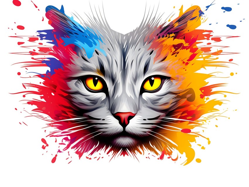 Colorful Abstract Cat Face Head Vivid Colors Pop Art Vector Illustrations White Background (289)