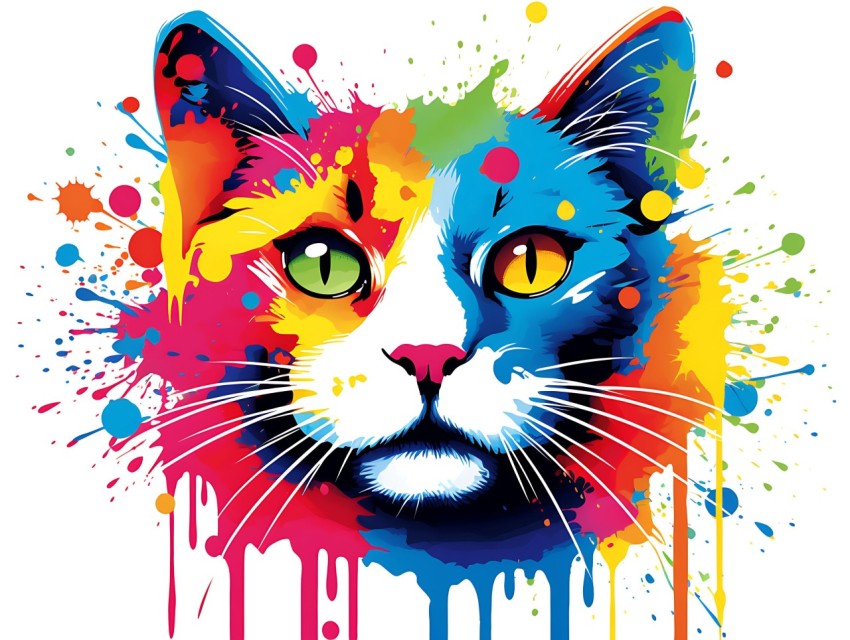 Colorful Abstract Cat Face Head Vivid Colors Pop Art Vector Illustrations White Background (267)