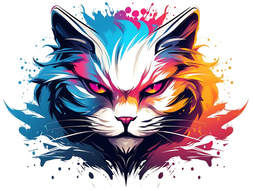 Colorful Abstract Cat Face Head Vivid Colors Pop Art Vector Illustrations White Background (292)