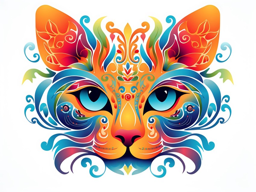 Colorful Abstract Cat Face Head Vivid Colors Pop Art Vector Illustrations White Background (288)