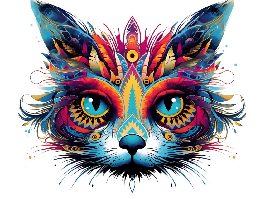 Colorful Abstract Cat Face Head Vivid Colors Pop Art Vector Illustrations White Background (255)