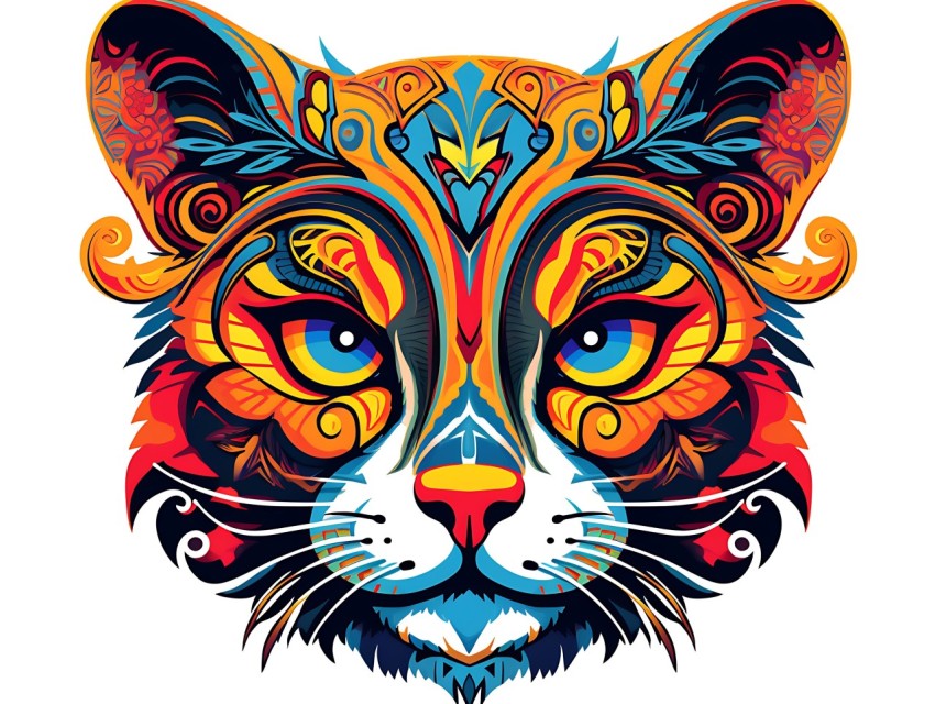 Colorful Abstract Cat Face Head Vivid Colors Pop Art Vector Illustrations White Background (282)