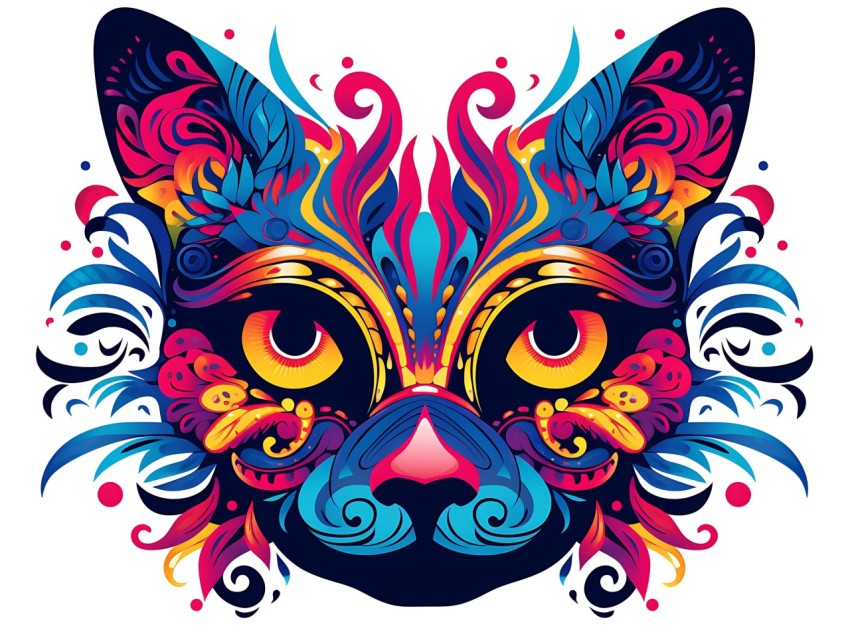 Colorful Abstract Cat Face Head Vivid Colors Pop Art Vector Illustrations White Background (287)