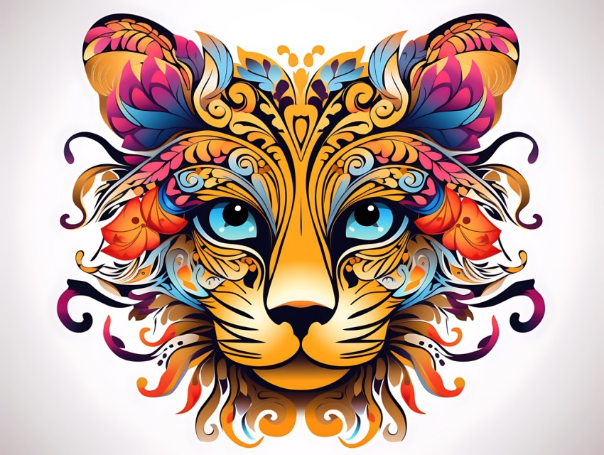 Colorful Abstract Cat Face Head Vivid Colors Pop Art Vector Illustrations White Background (294)