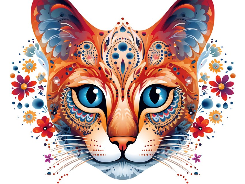 Colorful Abstract Cat Face Head Vivid Colors Pop Art Vector Illustrations White Background (299)