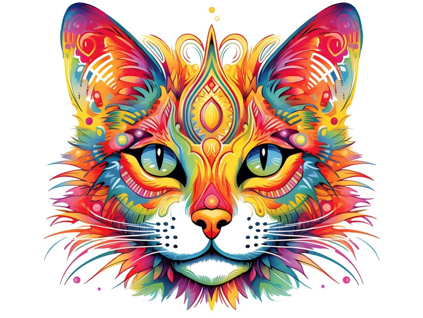 Colorful Abstract Cat Face Head Vivid Colors Pop Art Vector Illustrations White Background (264)