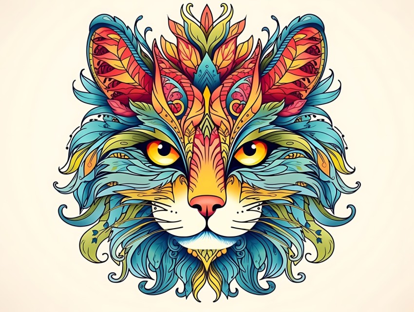 Colorful Abstract Cat Face Head Vivid Colors Pop Art Vector Illustrations White Background (272)