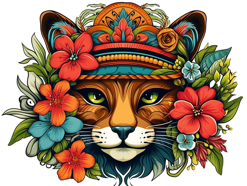 Colorful Abstract Cat Face Head Vivid Colors Pop Art Vector Illustrations White Background (295)