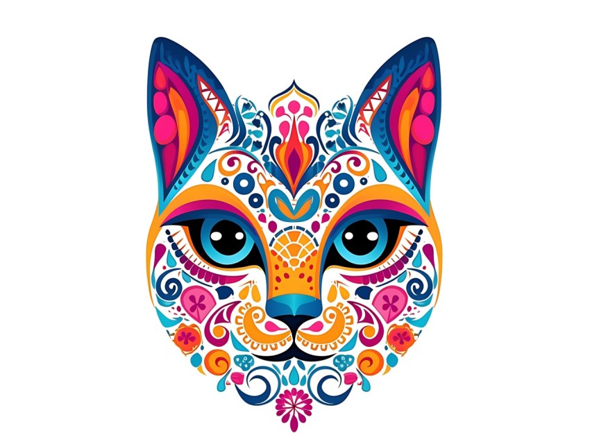 Colorful Abstract Cat Face Head Vivid Colors Pop Art Vector Illustrations White Background (328)