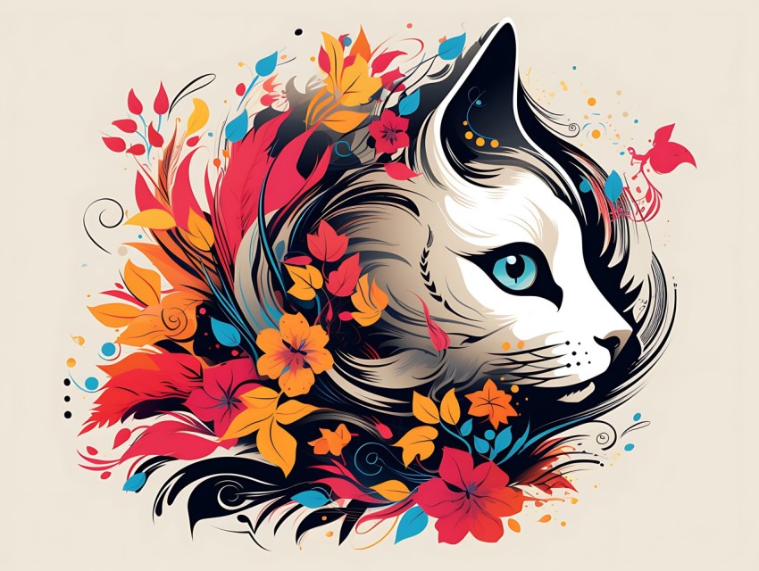 Colorful Abstract Cat Face Head Vivid Colors Pop Art Vector Illustrations White Background (317)