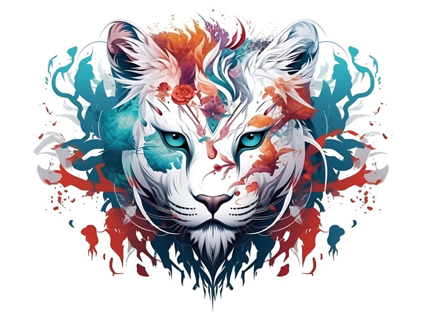Colorful Abstract Cat Face Head Vivid Colors Pop Art Vector Illustrations White Background (305)