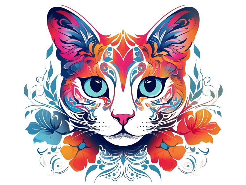 Colorful Abstract Cat Face Head Vivid Colors Pop Art Vector Illustrations White Background (316)
