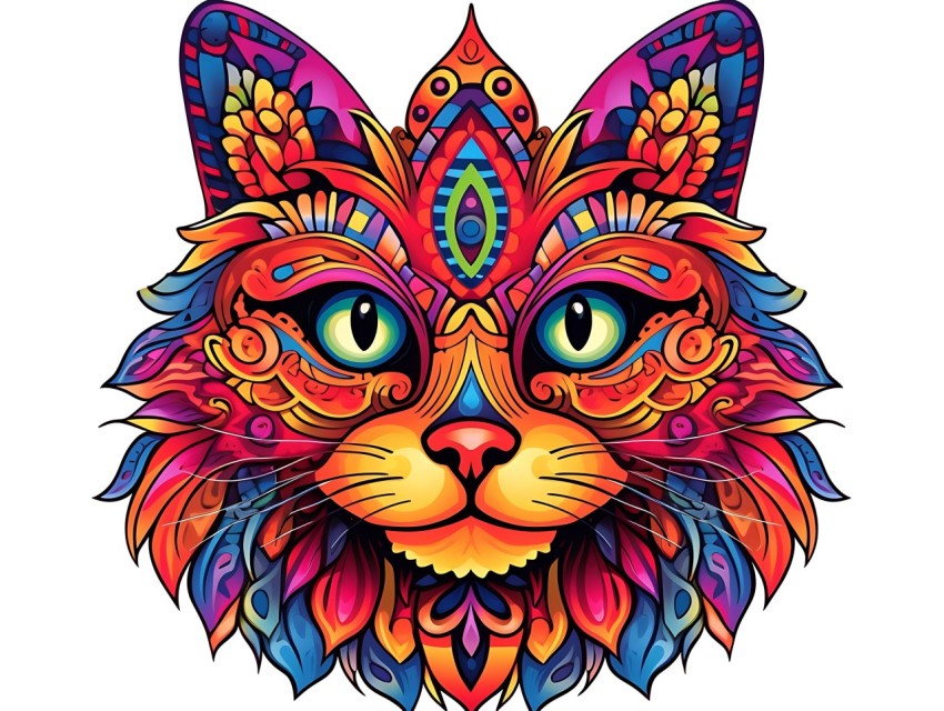 Colorful Abstract Cat Face Head Vivid Colors Pop Art Vector Illustrations White Background (325)