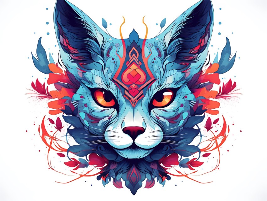 Colorful Abstract Cat Face Head Vivid Colors Pop Art Vector Illustrations White Background (306)