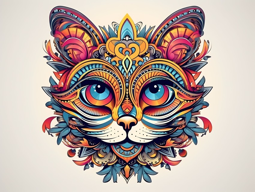 Colorful Abstract Cat Face Head Vivid Colors Pop Art Vector Illustrations White Background (349)