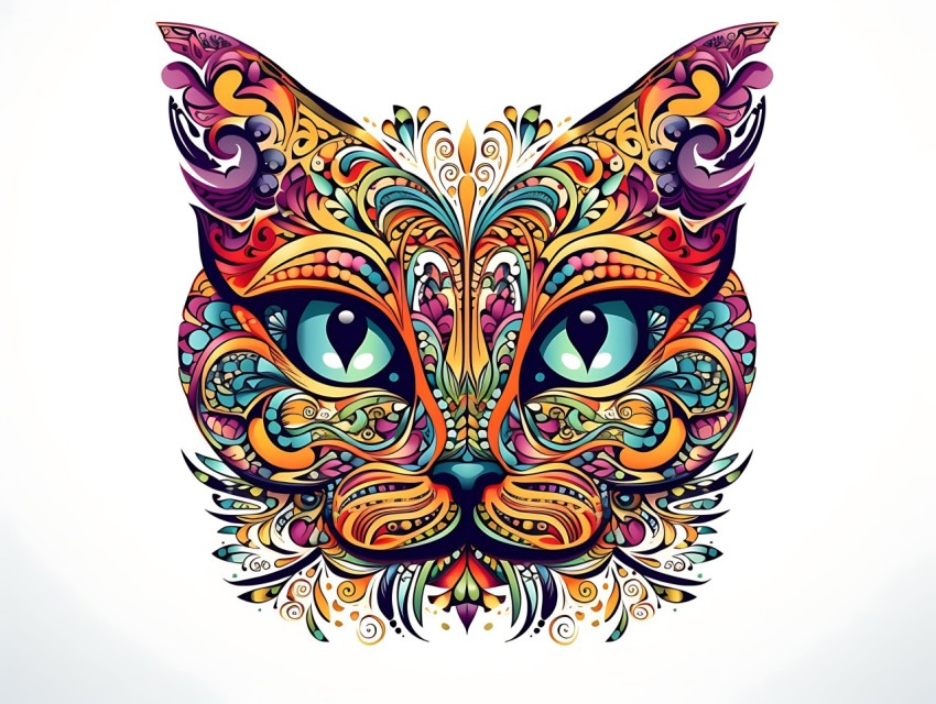 Colorful Abstract Cat Face Head Vivid Colors Pop Art Vector Illustrations White Background (319)
