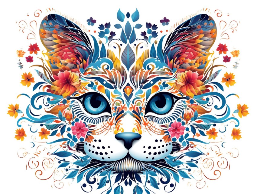 Colorful Abstract Cat Face Head Vivid Colors Pop Art Vector Illustrations White Background (318)