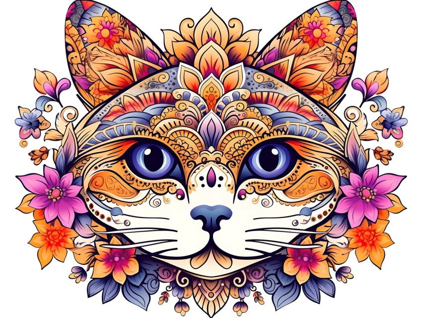 Colorful Abstract Cat Face Head Vivid Colors Pop Art Vector Illustrations White Background (347)