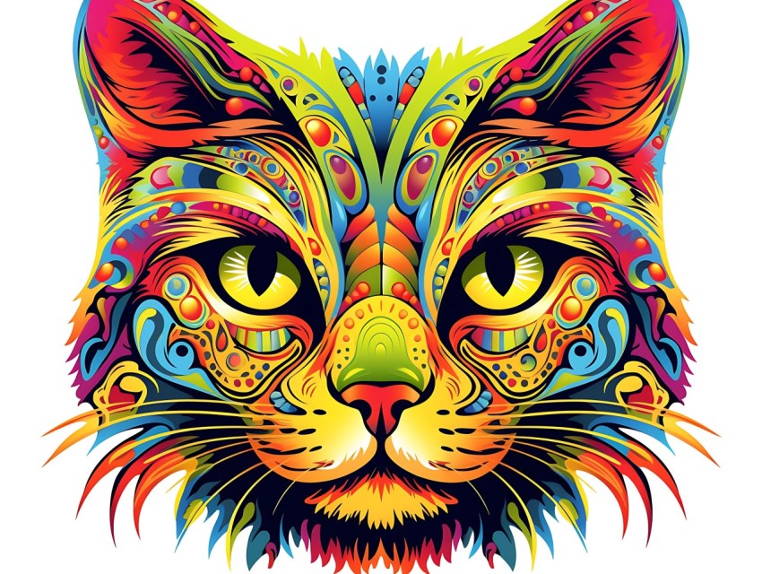 Colorful Abstract Cat Face Head Vivid Colors Pop Art Vector Illustrations White Background (304)