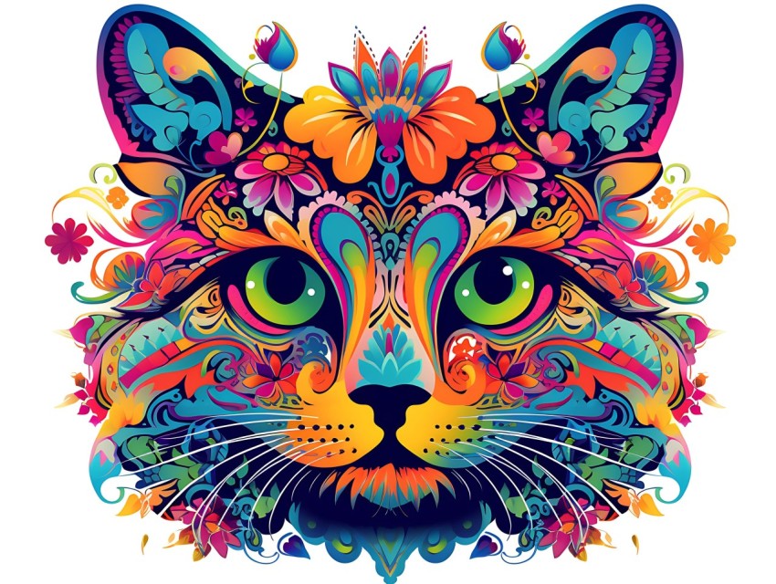 Colorful Abstract Cat Face Head Vivid Colors Pop Art Vector Illustrations White Background (339)
