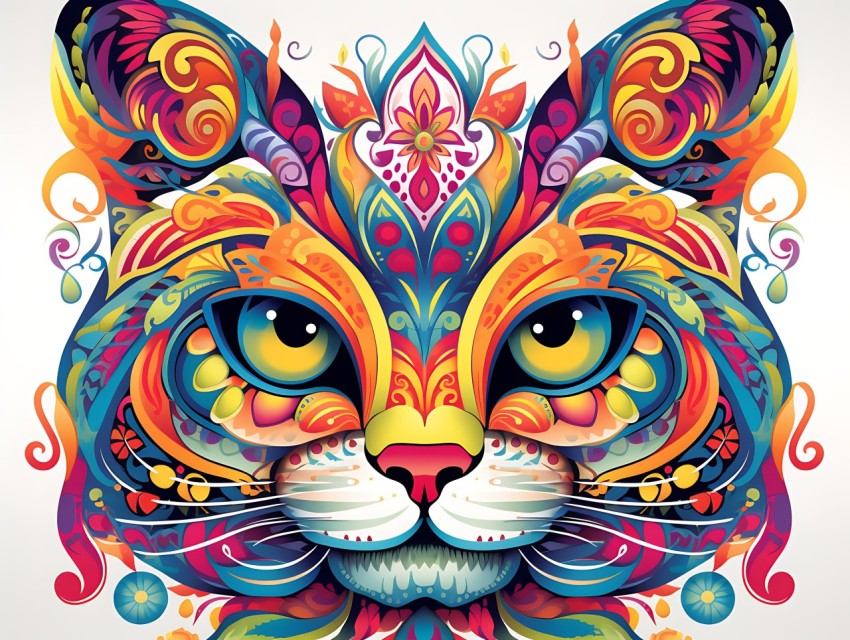 Colorful Abstract Cat Face Head Vivid Colors Pop Art Vector Illustrations White Background (302)