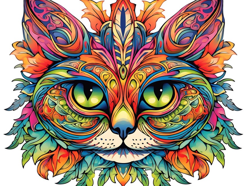 Colorful Abstract Cat Face Head Vivid Colors Pop Art Vector Illustrations White Background (312)