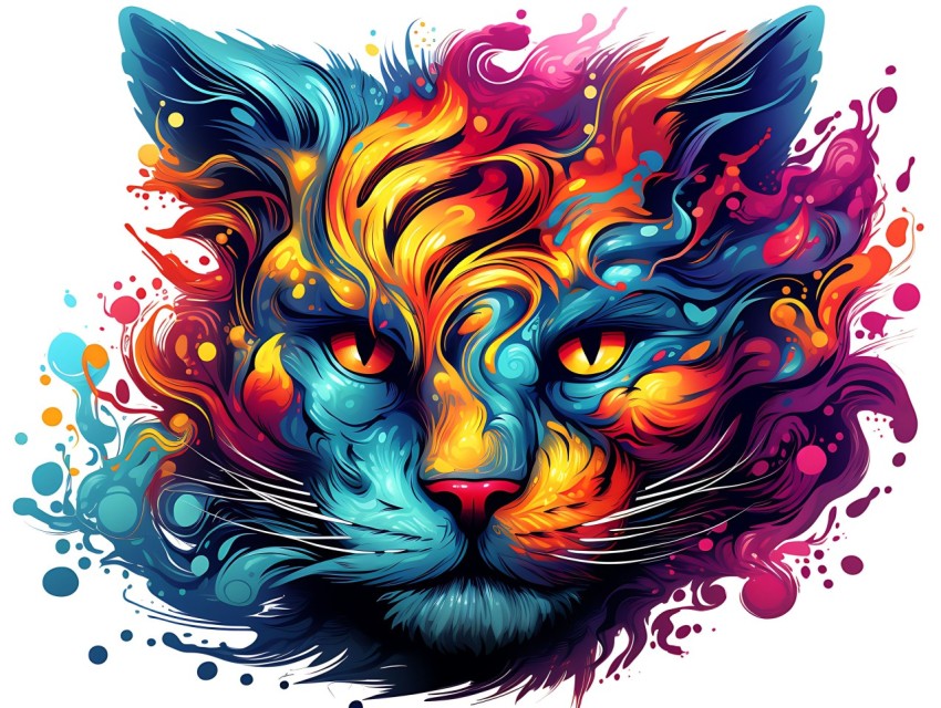 Colorful Abstract Cat Face Head Vivid Colors Pop Art Vector Illustrations White Background (313)