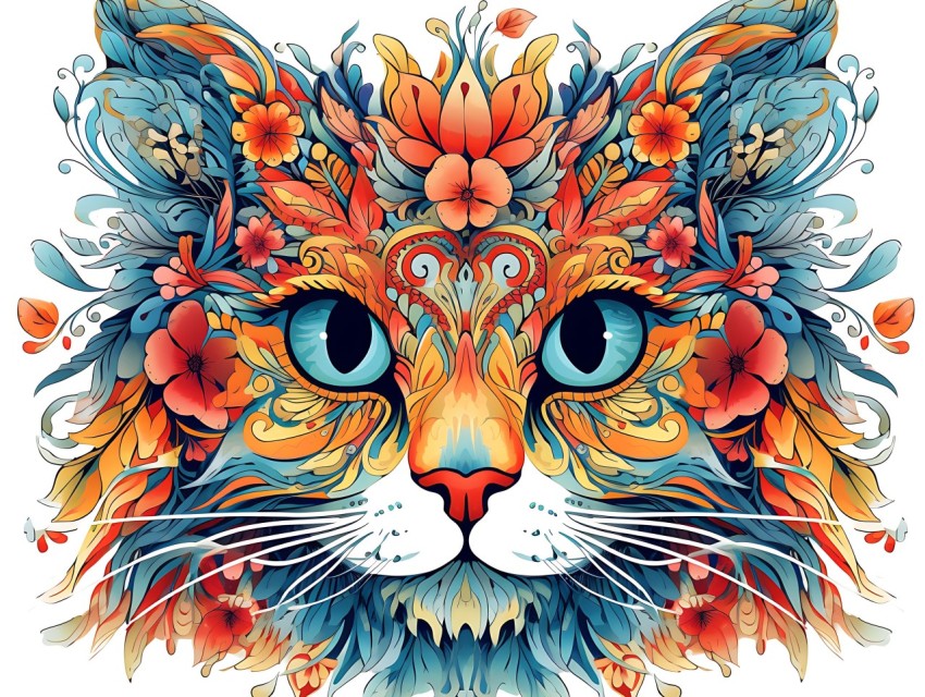 Colorful Abstract Cat Face Head Vivid Colors Pop Art Vector Illustrations White Background (348)