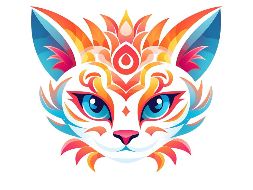 Colorful Abstract Cat Face Head Vivid Colors Pop Art Vector Illustrations White Background (389)