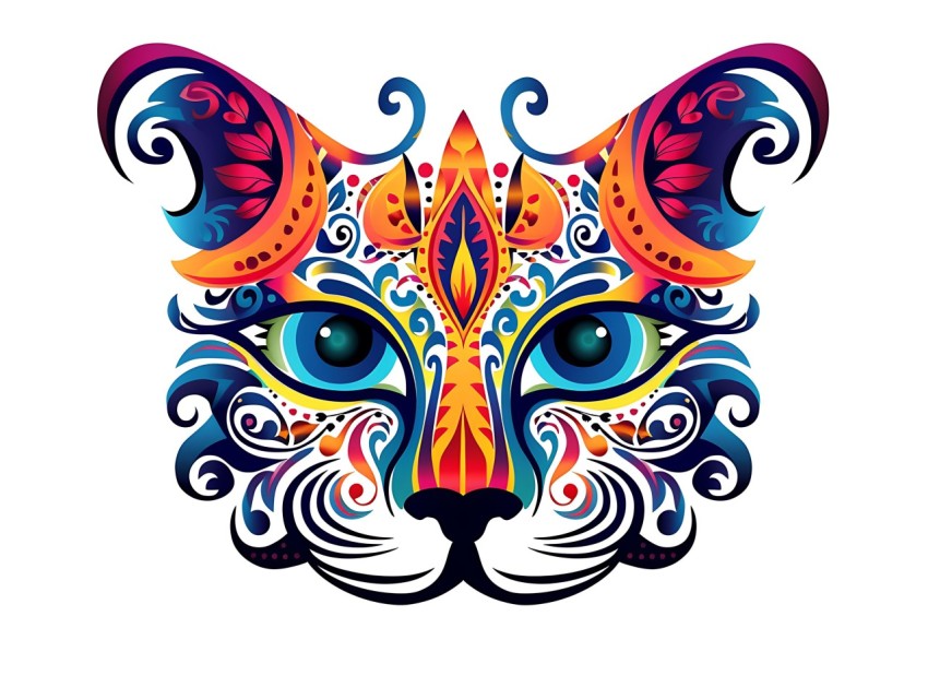 Colorful Abstract Cat Face Head Vivid Colors Pop Art Vector Illustrations White Background (394)