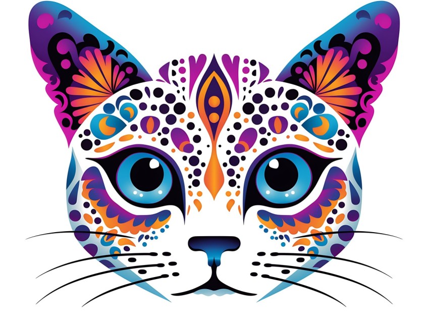 Colorful Abstract Cat Face Head Vivid Colors Pop Art Vector Illustrations White Background (400)