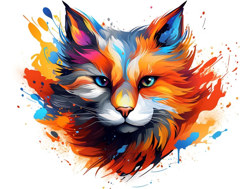 Colorful Abstract Cat Face Head Vivid Colors Pop Art Vector Illustrations White Background (355)