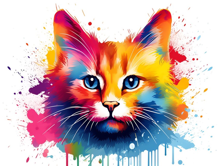 Colorful Abstract Cat Face Head Vivid Colors Pop Art Vector Illustrations White Background (369)