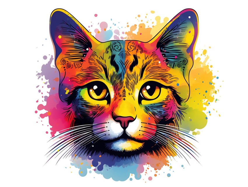 Colorful Abstract Cat Face Head Vivid Colors Pop Art Vector Illustrations White Background (357)