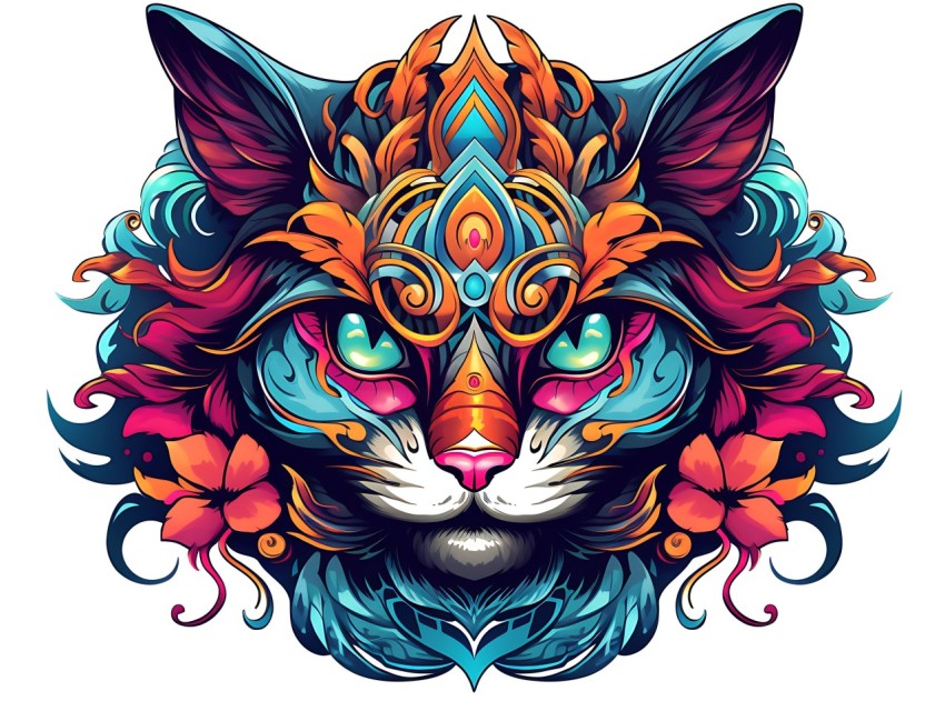Colorful Abstract Cat Face Head Vivid Colors Pop Art Vector Illustrations White Background (352)